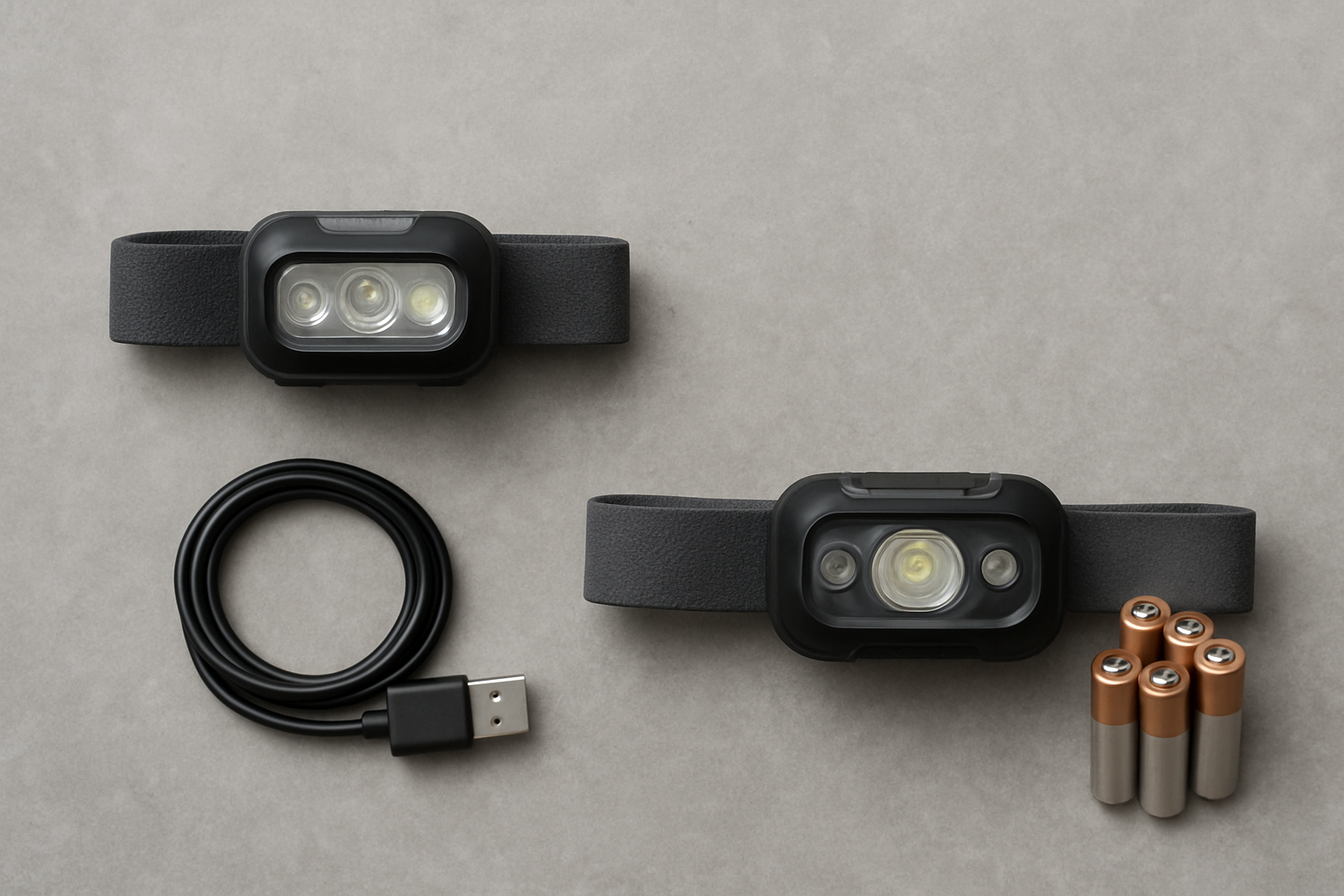 Overhead view comparing rechargeable and battery-powered headlamps