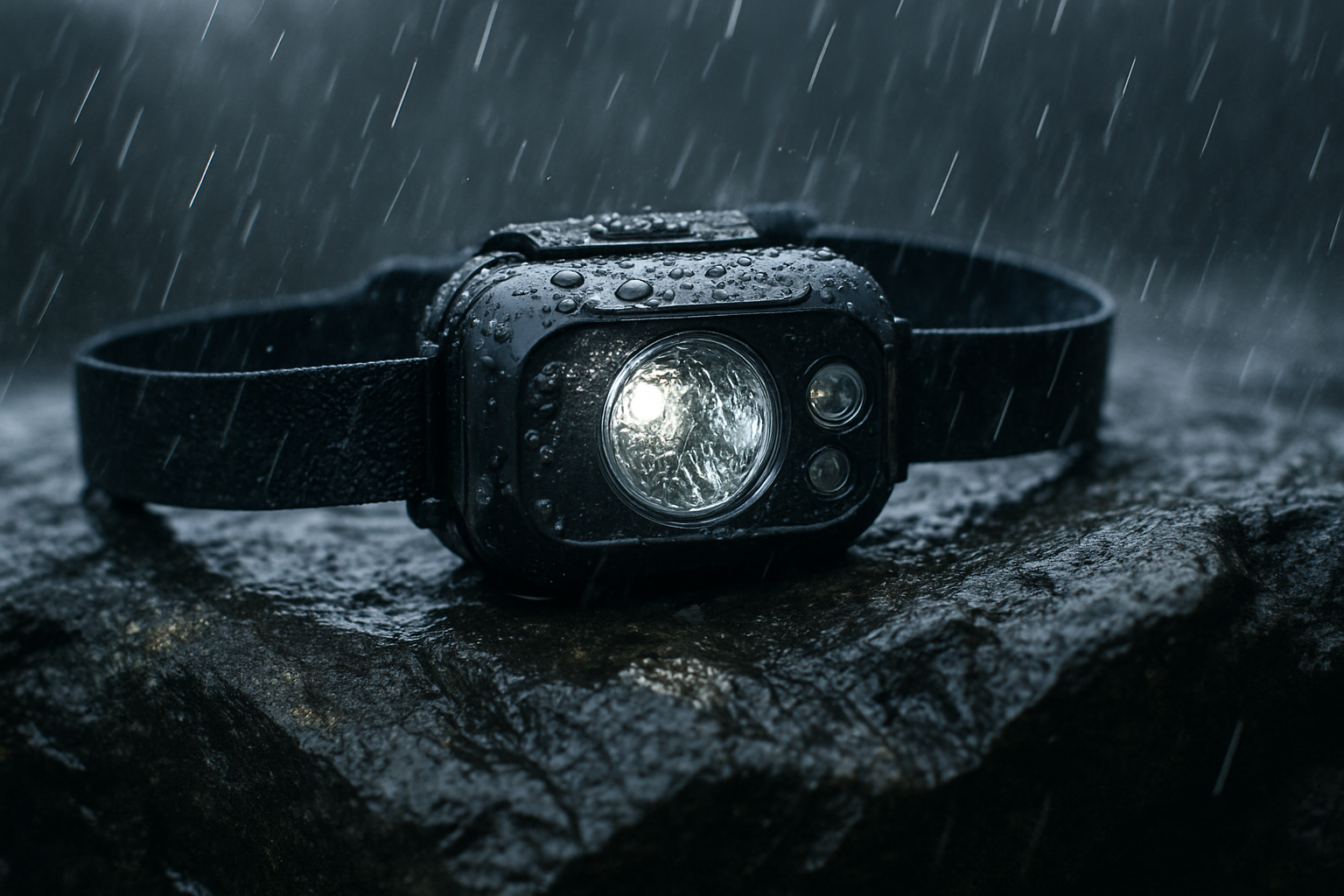 Rain-soaked headlamp on wet rock during heavy downpour