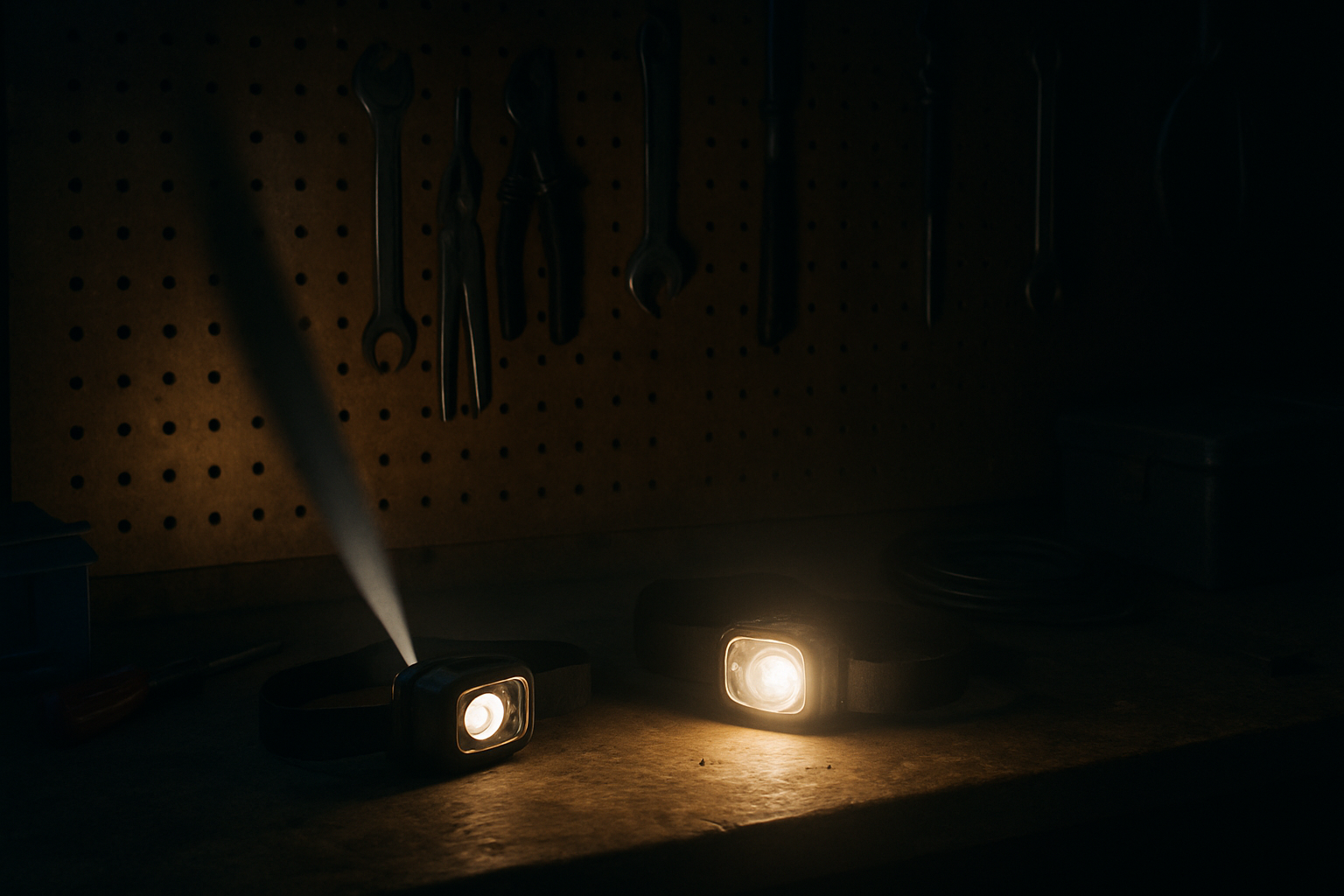 Two headlamps casting different beam widths on garage pegboard