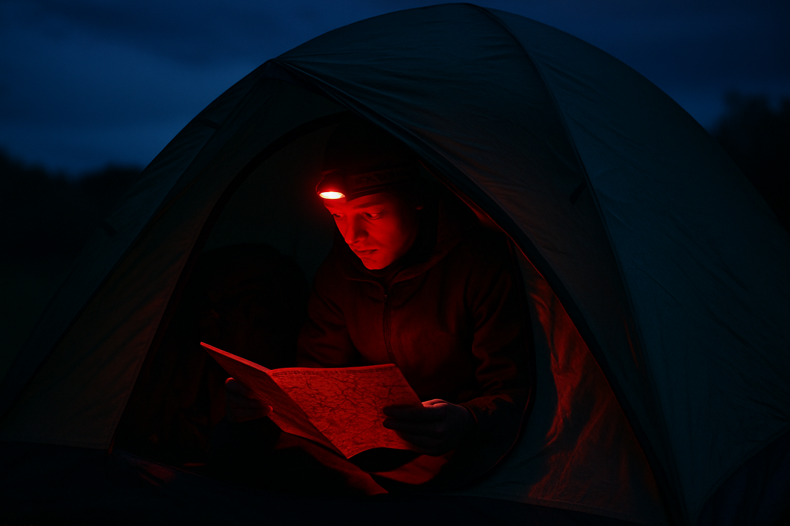 Person reading map by red headlamp glow inside tent