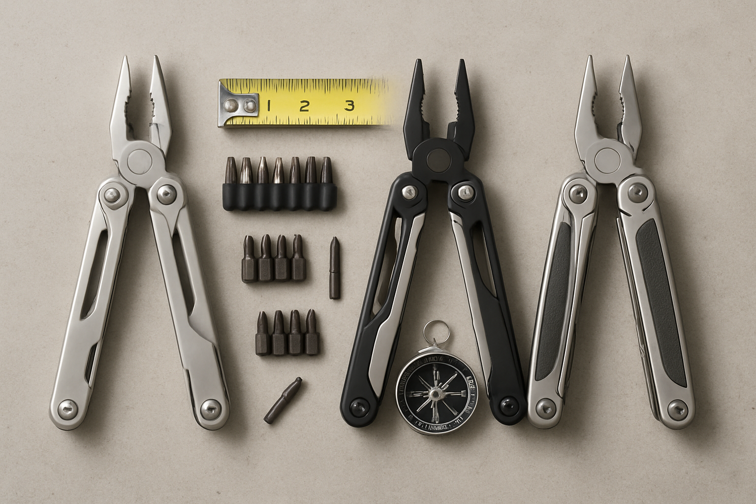 Four multitools lined up flat-lay with accessories