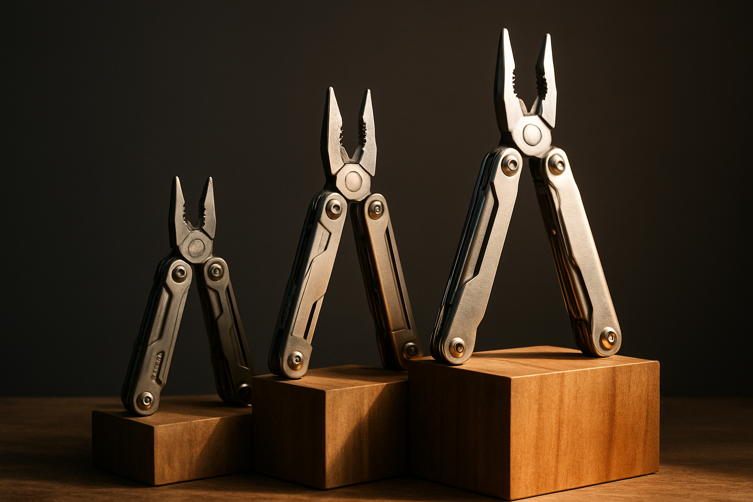 Three multitools on ascending wooden blocks under light