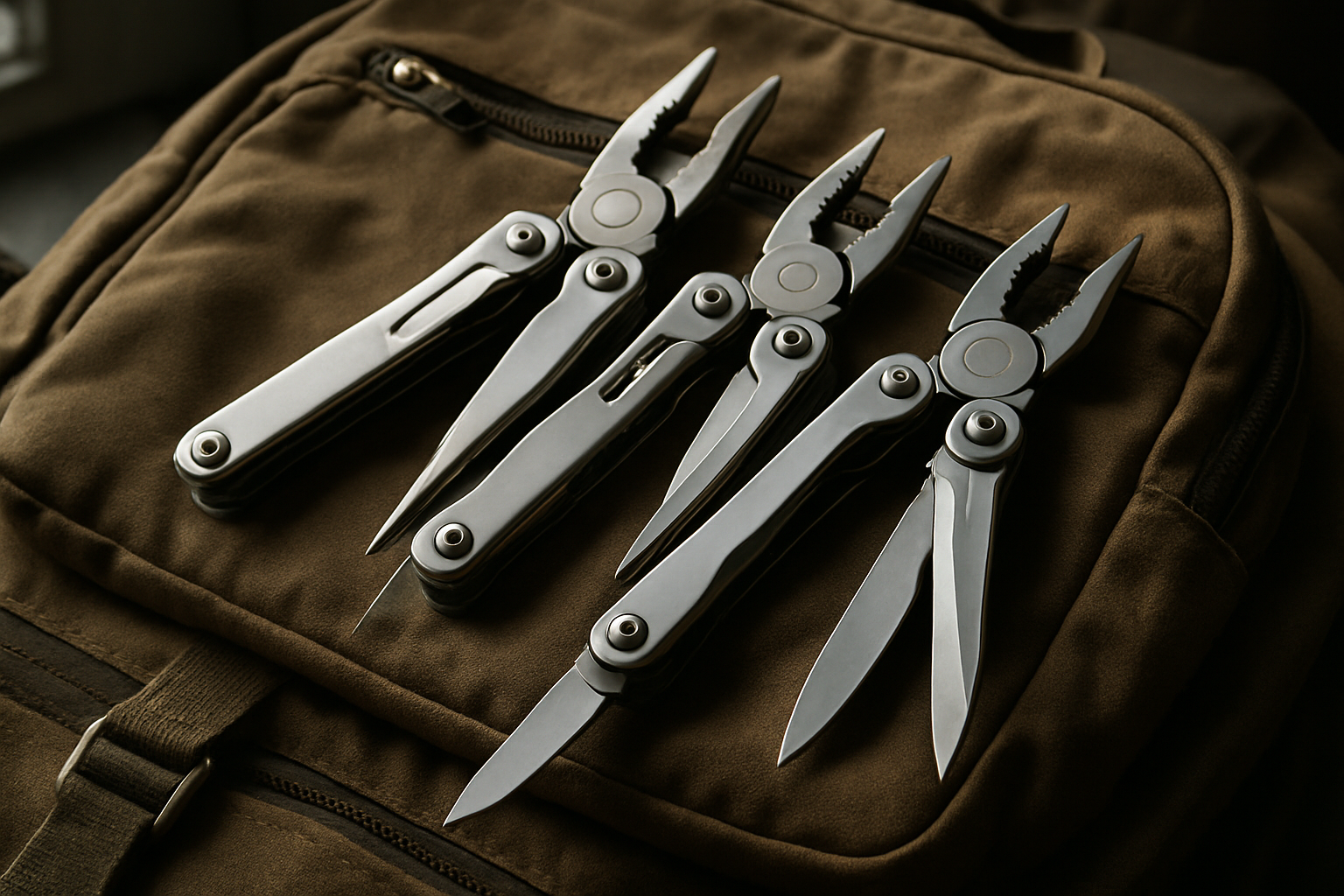 Three multitools fanned on canvas bug-out bag