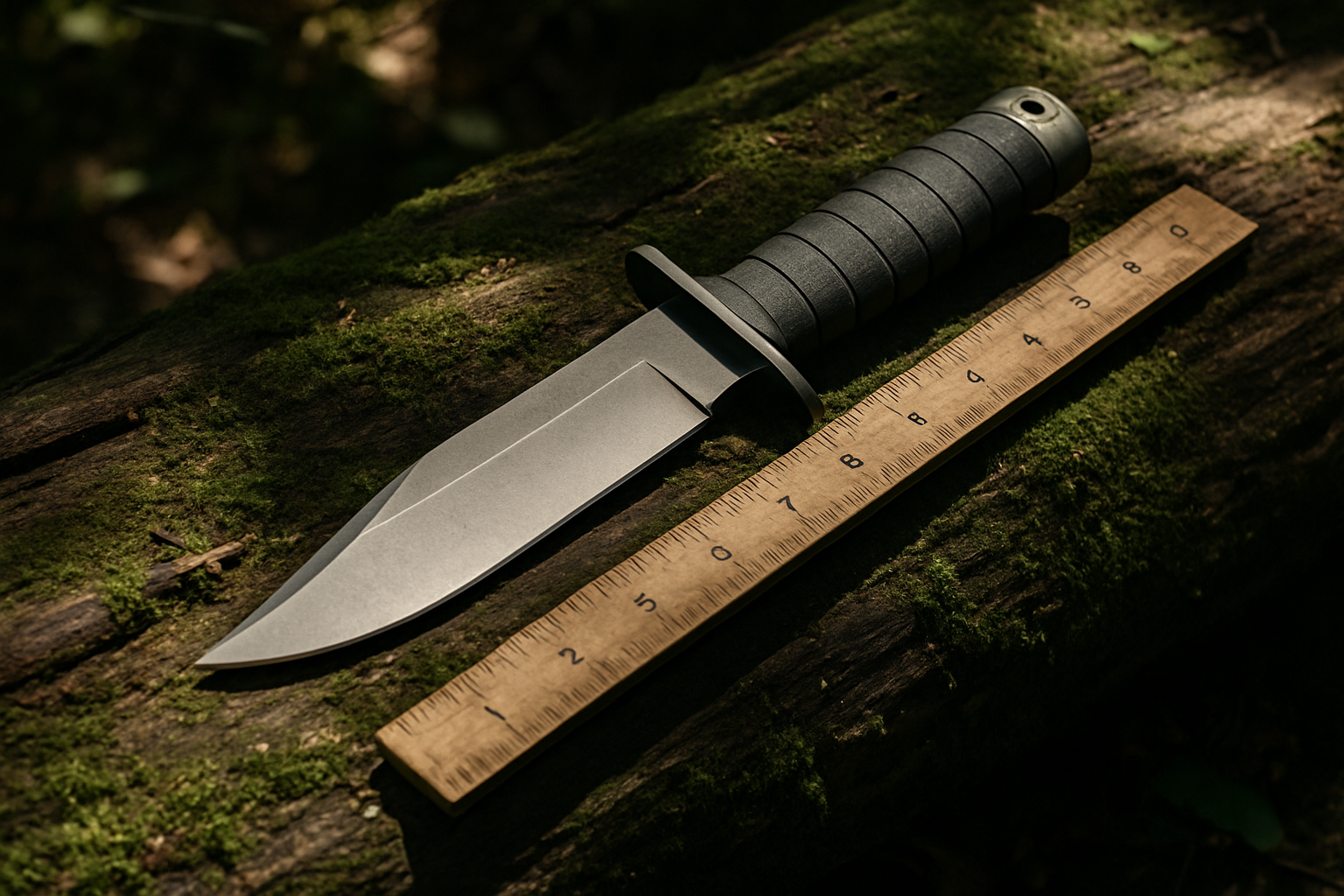 Survival knife measured against a ruler on forest log