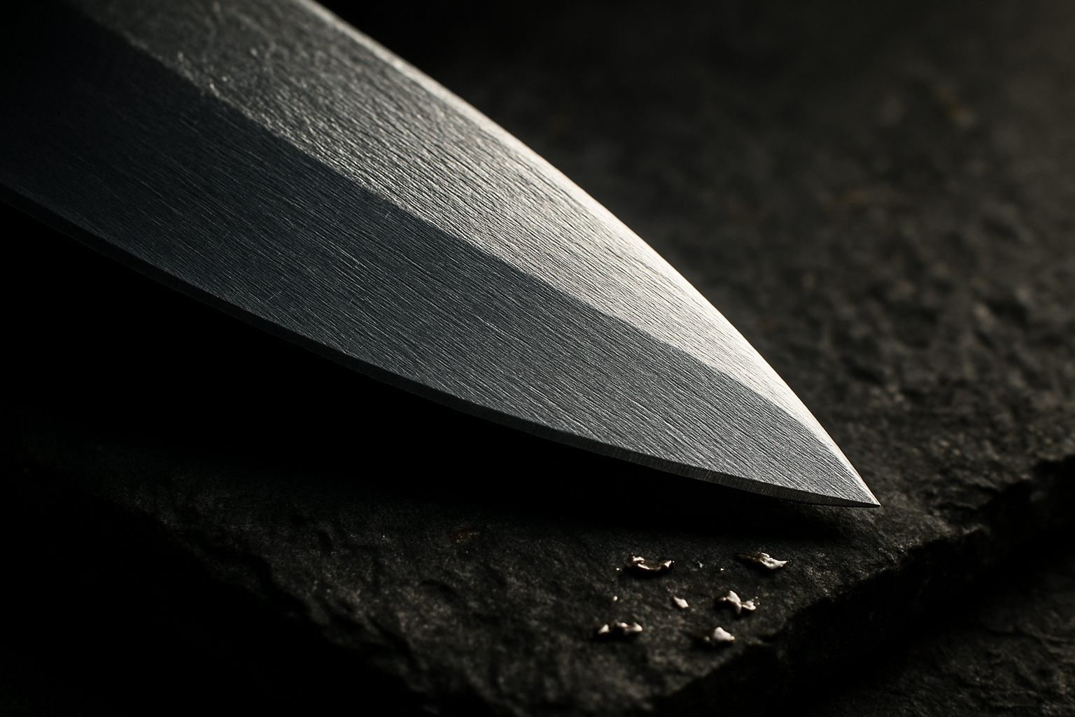 Macro close-up of survival knife blade steel edge texture