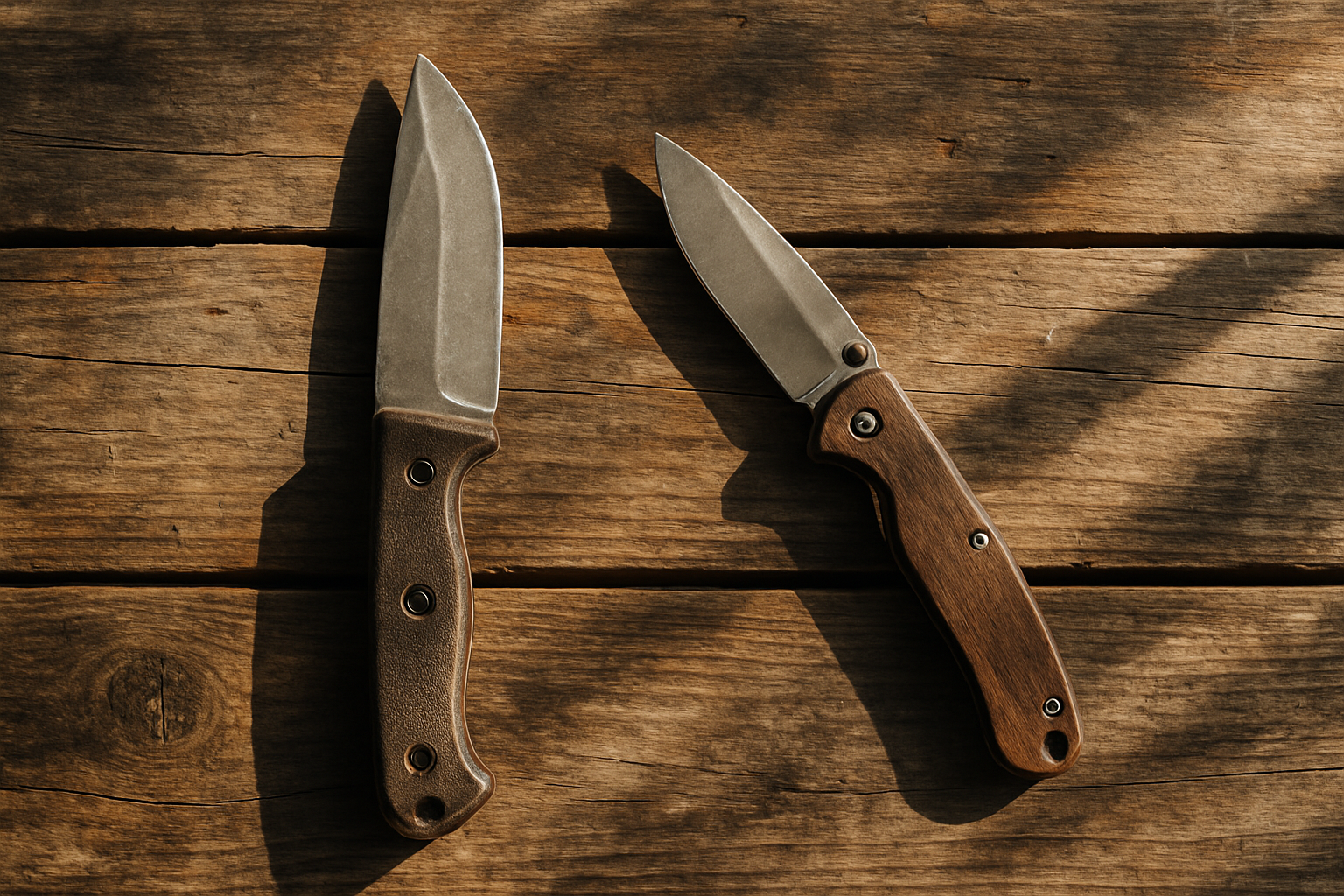Fixed-blade and folding knives side by side on wood table