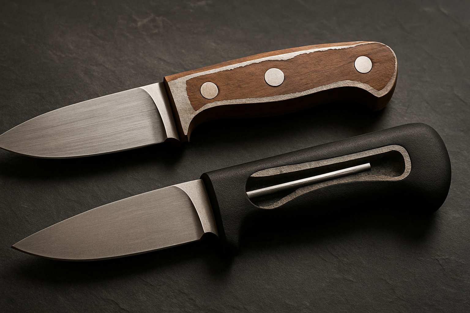 Two knife handles showing full tang versus partial tang construction