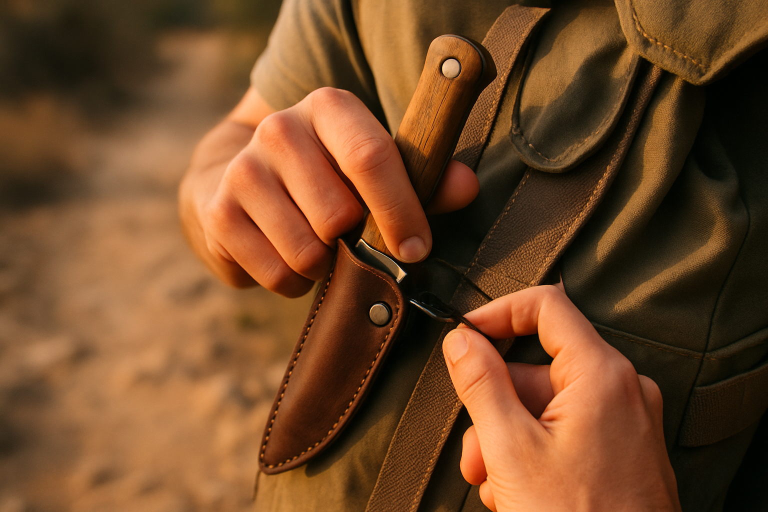 Hand drawing knife from sheath clipped to backpack strap