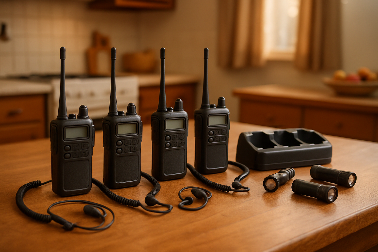 Four radios with earpieces and chargers on kitchen table