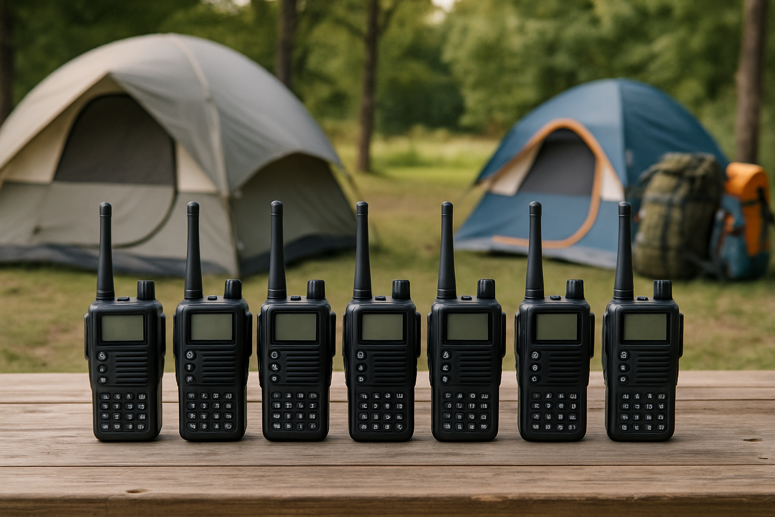 Six radios standing in row on campsite picnic table