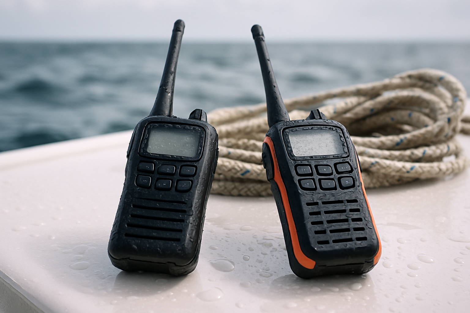 Two waterproof radios on wet boat deck near ocean