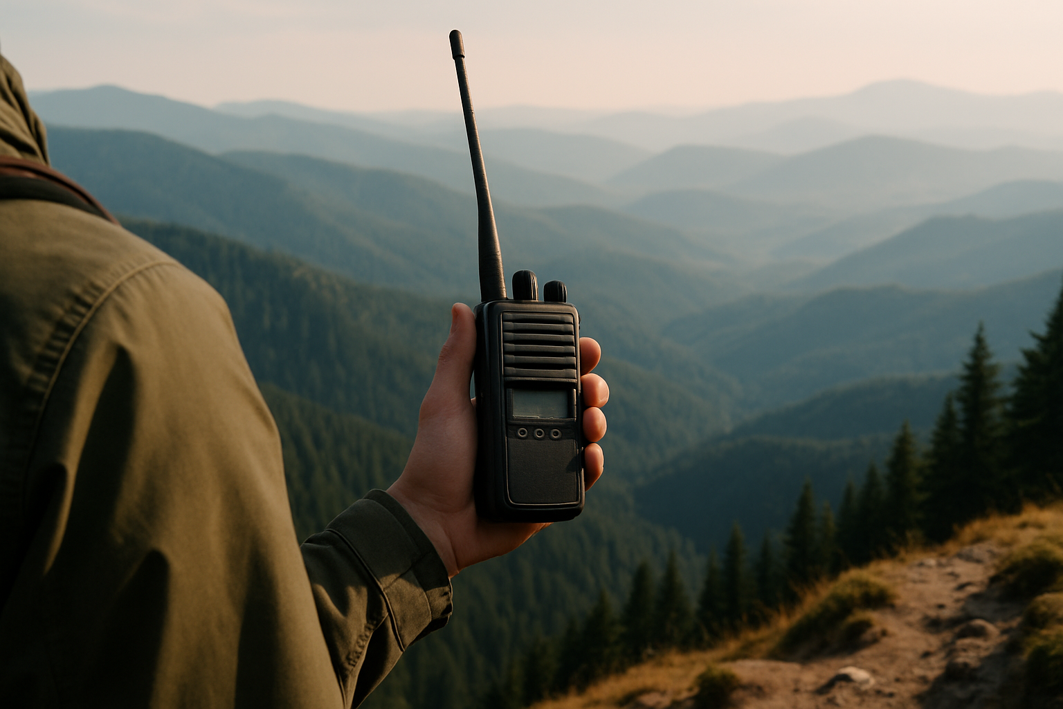 Hiker holding long-antenna radio at forested mountain ridge