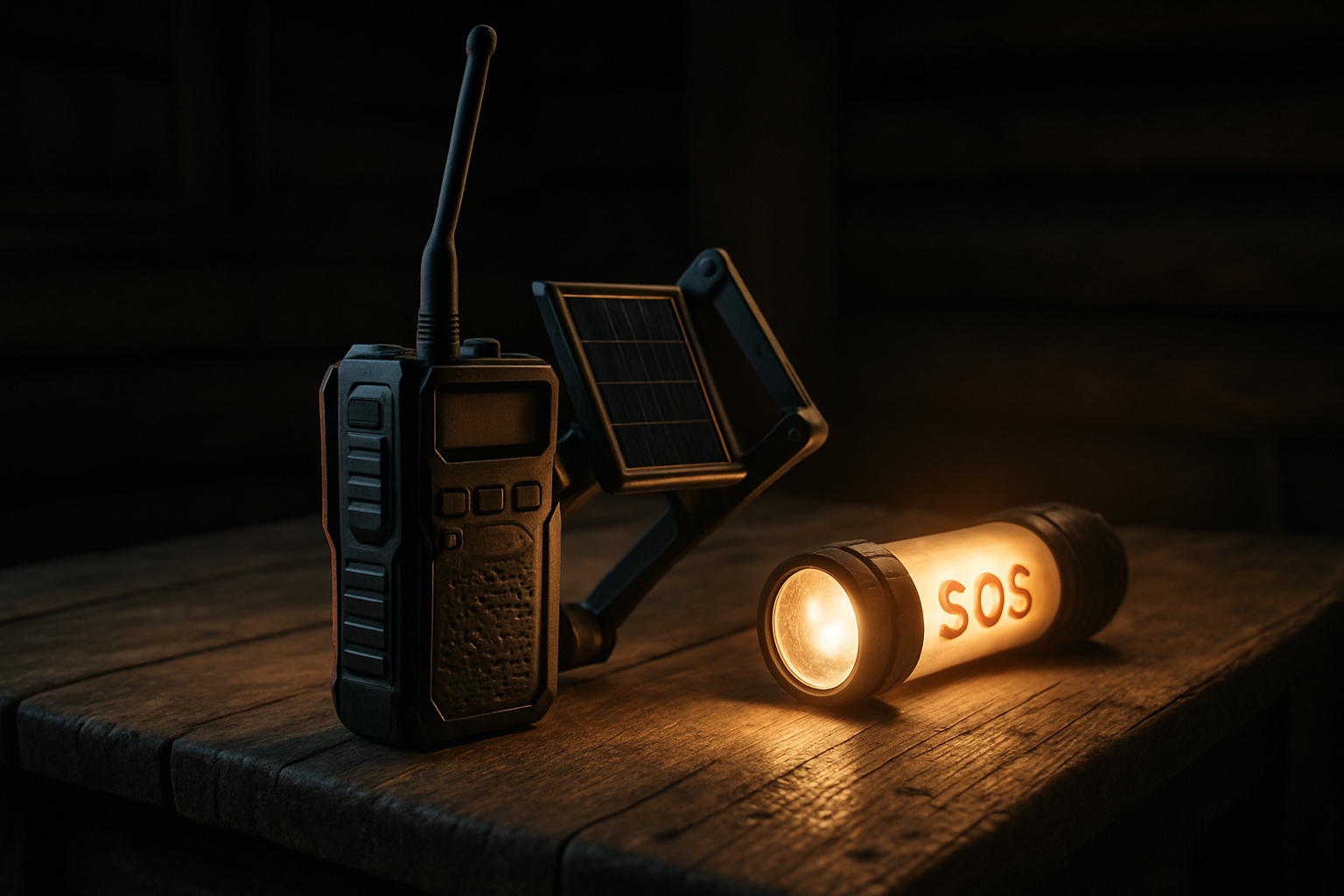 Solar hand-crank emergency radio with flashlight on wooden table