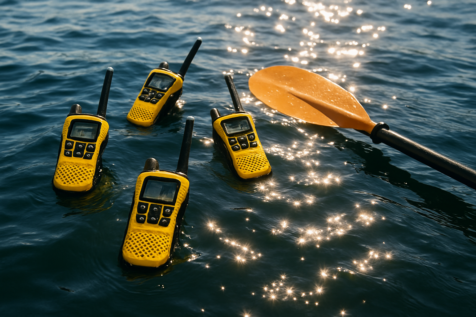 Four yellow floating radios on lake water near kayak paddle