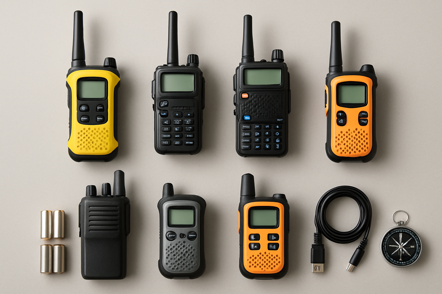 Overhead flat-lay of seven walkie talkies arranged in grid