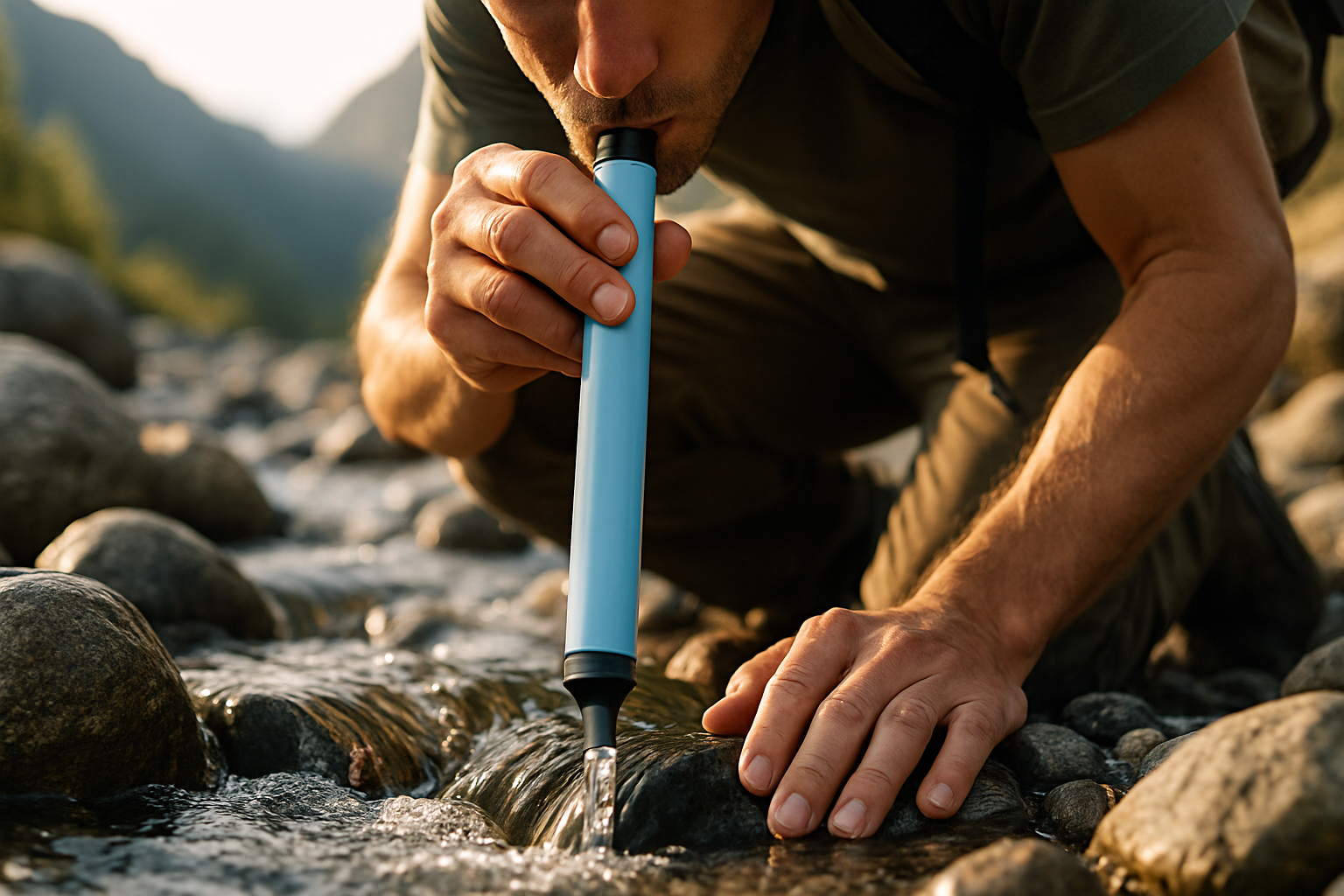 Hands drinking from a slim filter straw at mountain stream