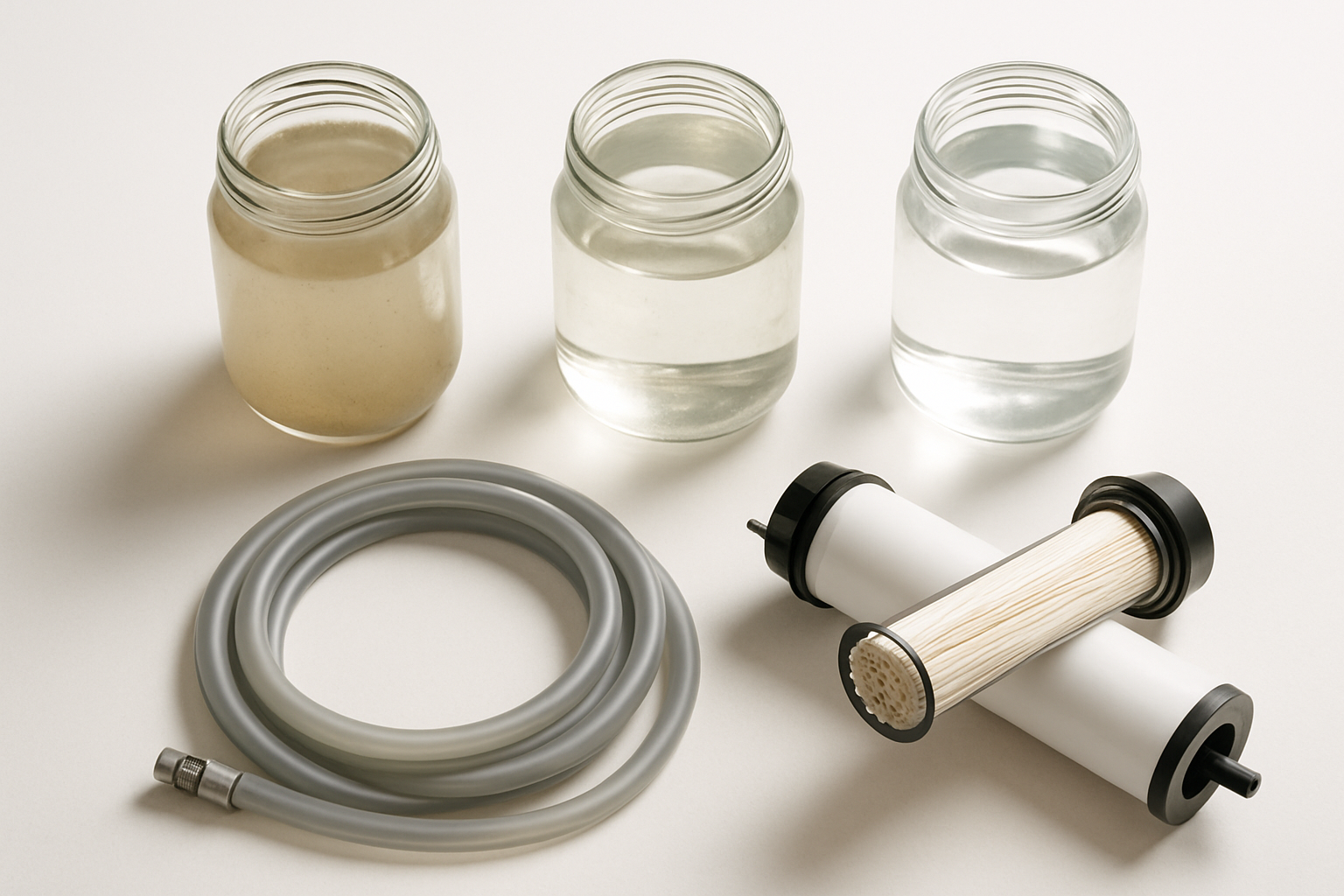 Overhead flat-lay of water jars and cutaway filter cartridge