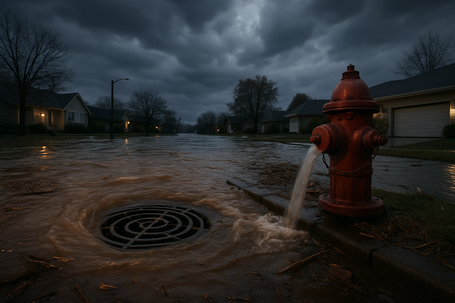 Flooded street with murky water around a submerged storm drain