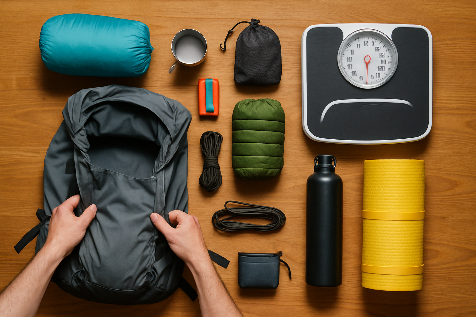 Hands adjusting backpack straps beside scale with organized gear