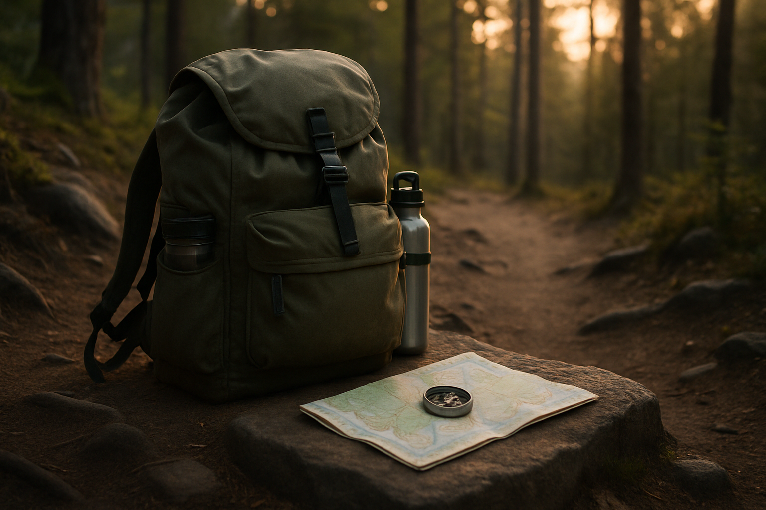 Backpack with compass and map on forest trail at dawn
