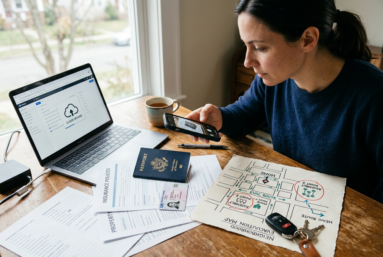 Person scanning documents and drawing evacuation map at desk