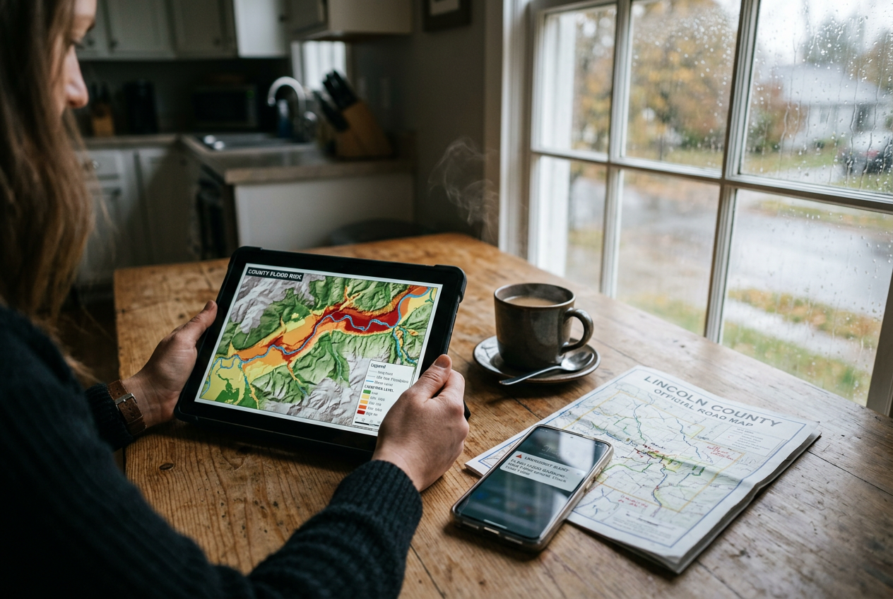 Hands viewing flood-risk map on tablet at kitchen table