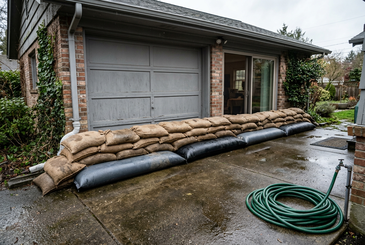 Sandbags and flood barriers stacked at garage doorway