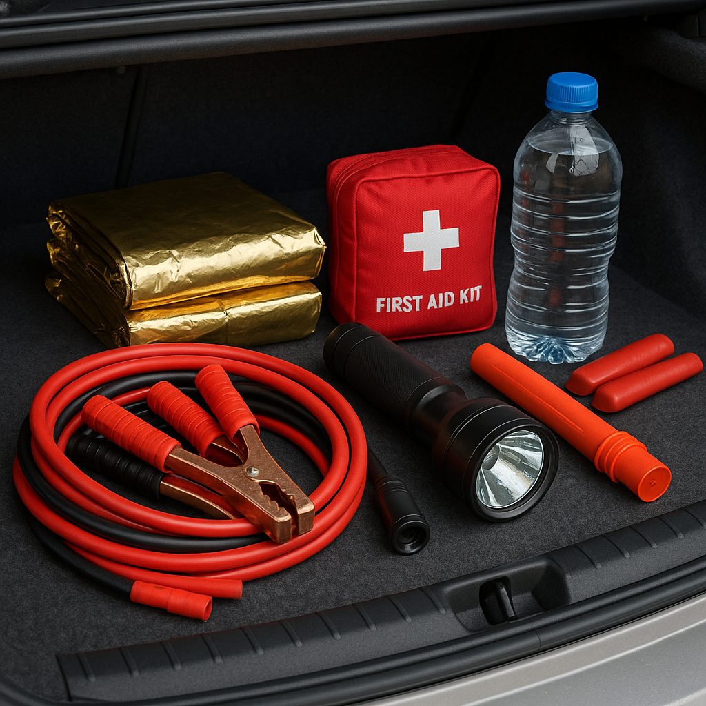 Car emergency kit in trunk with jumper cables, flashlight, first aid supplies, and water