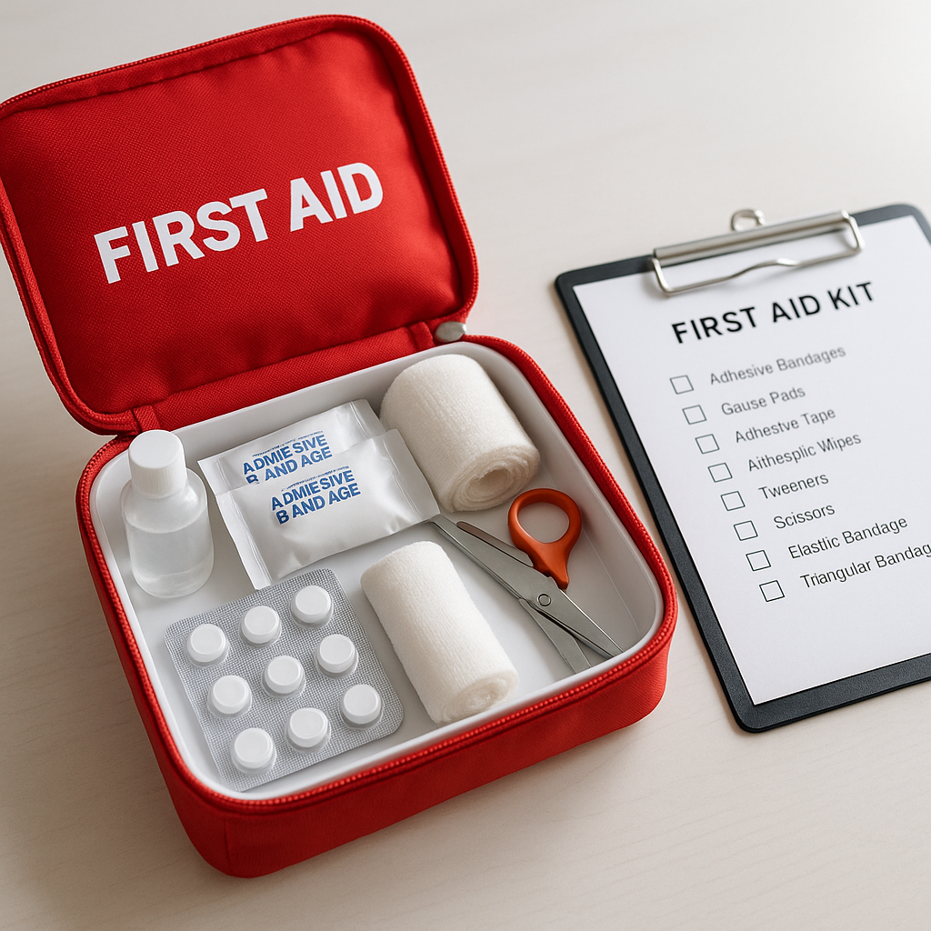 Open first aid kit showing organized bandages, gauze, gloves, and tourniquet