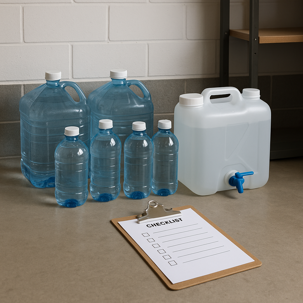 Emergency water storage with 5-gallon jugs, water filter, and purification tablets