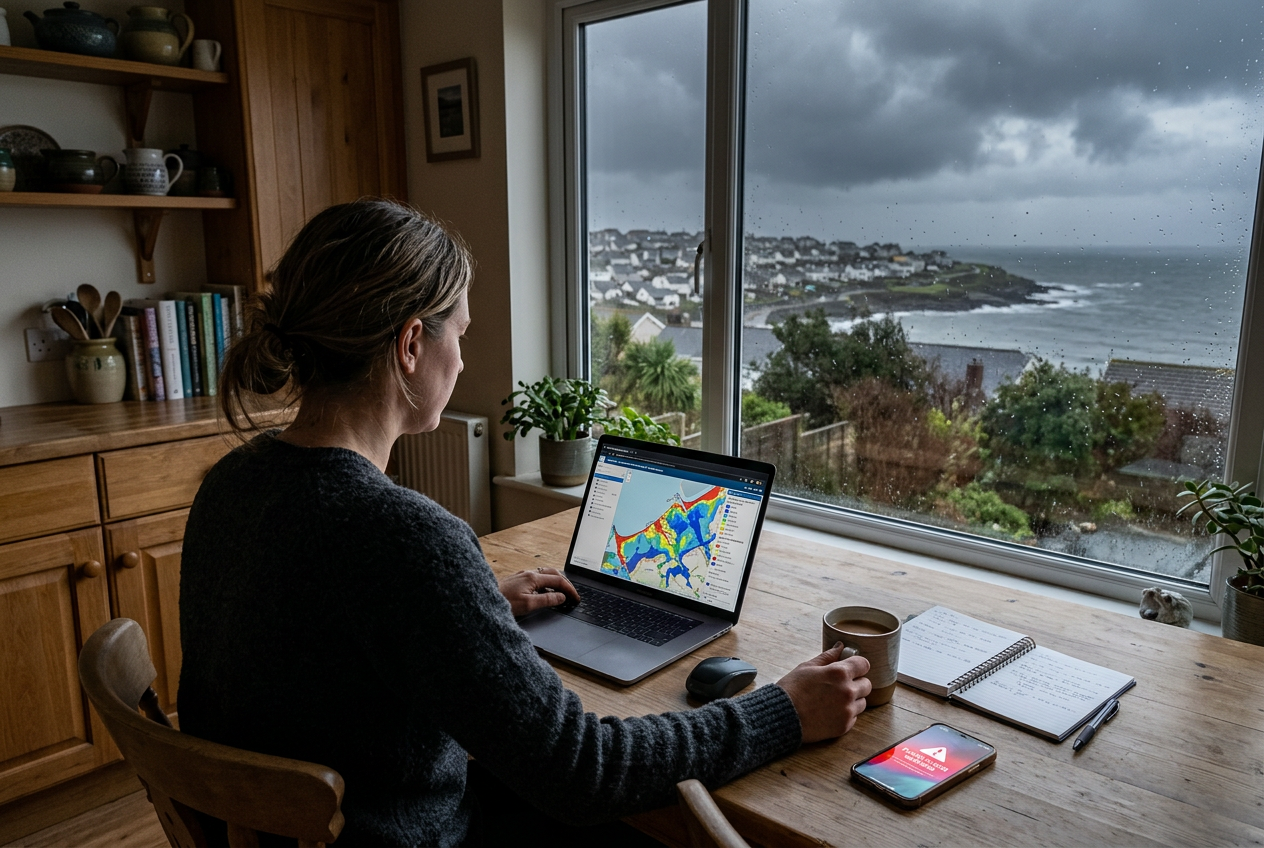 Person reviewing coastal flood zone map on laptop at home