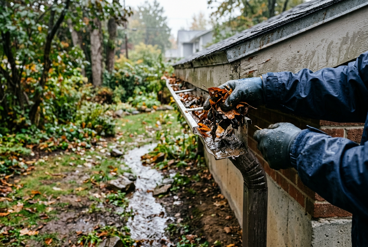 Gloved hands cleaning leaves from a home rain gutter