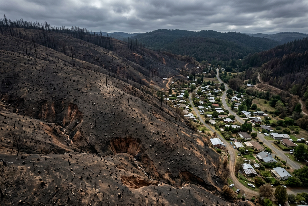 Burned hillside above homes showing wildfire scar and erosion