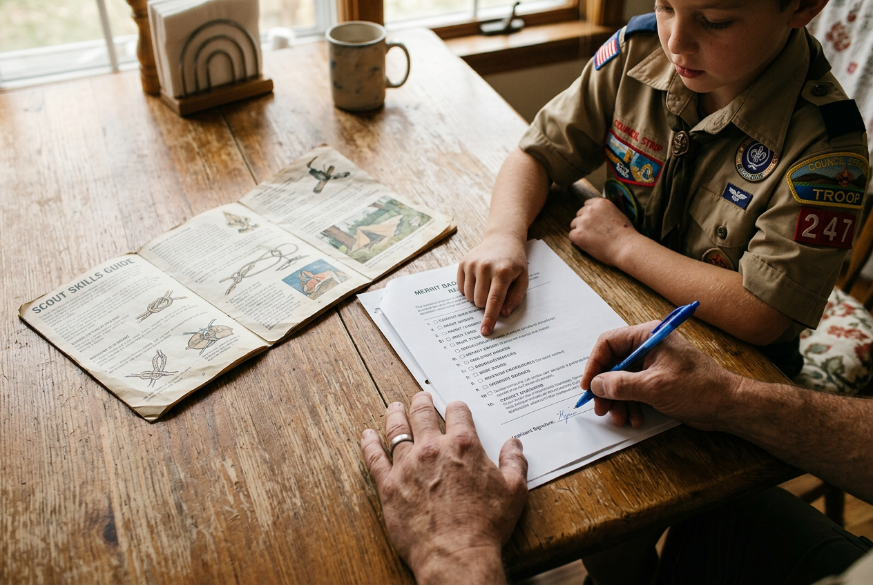 Scout and adult reviewing worksheet and pamphlet at table