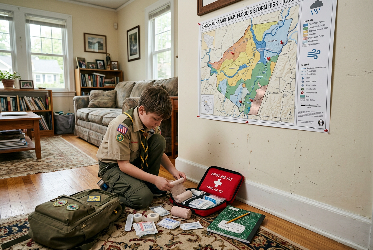 Scout studying first aid supplies beside hazard map on wall