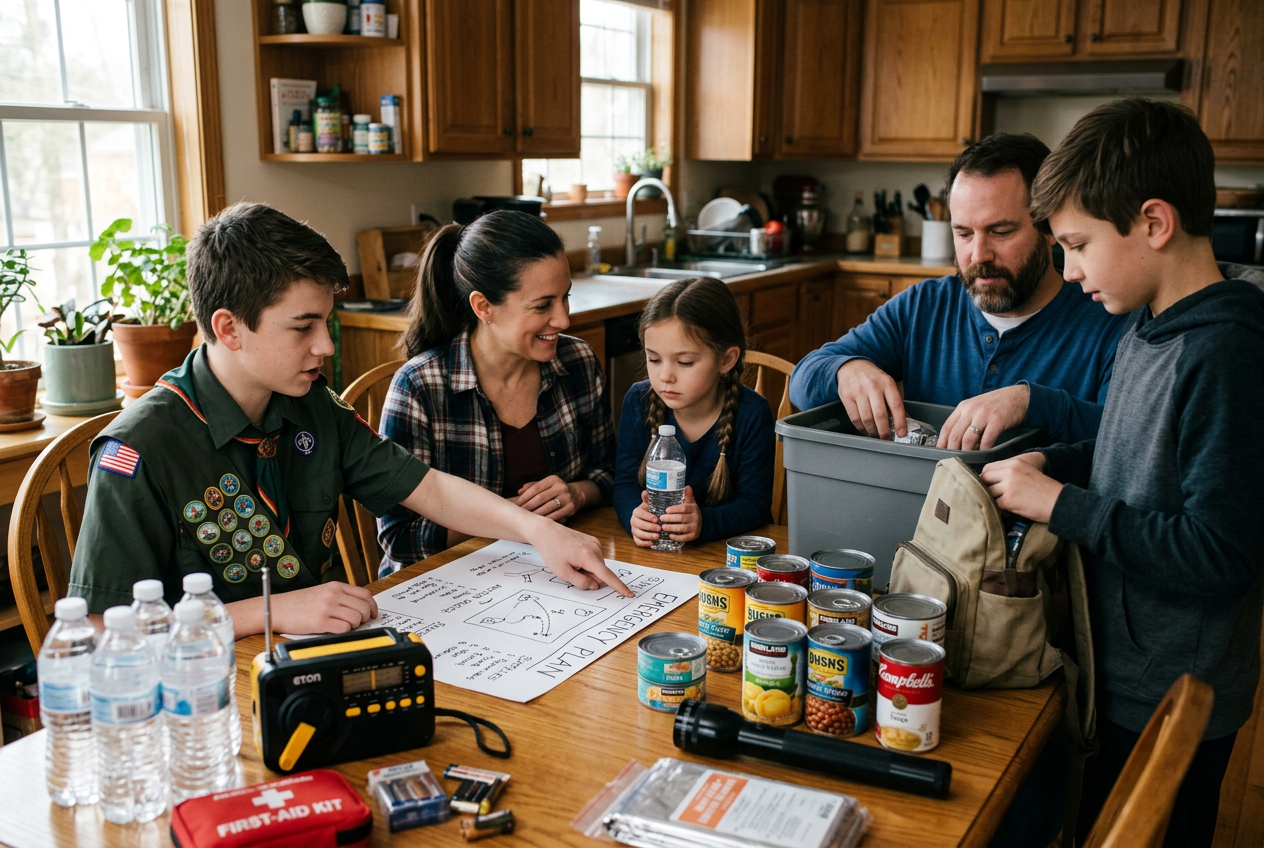 Family assembling emergency kit and reviewing plan at table