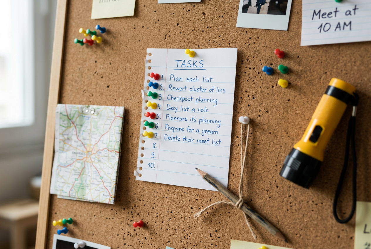 Bulletin board with numbered checklist and preparedness items pinned