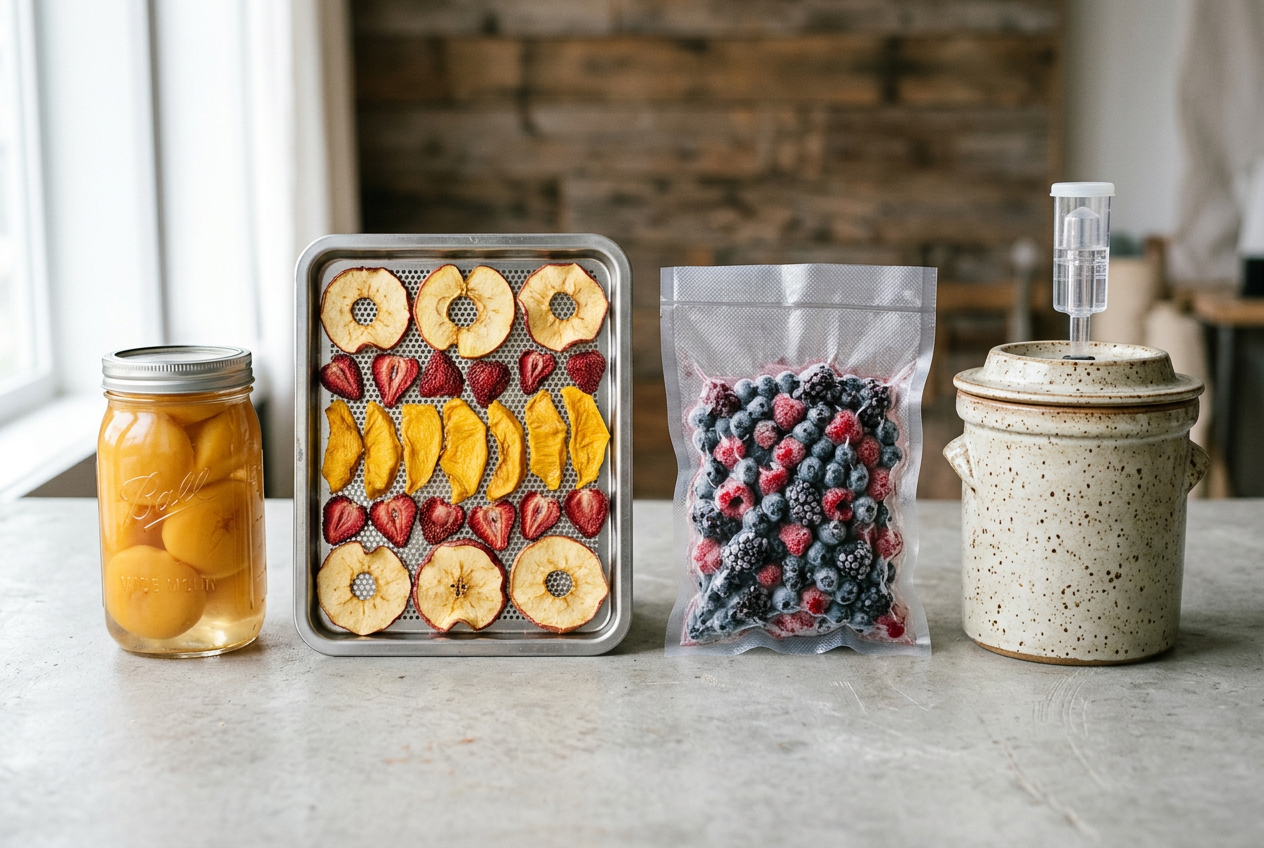 Four preservation method items lined up for comparison