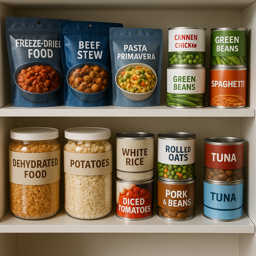 Freeze-dried pouches, canned goods, and dehydrated food options organized on shelves