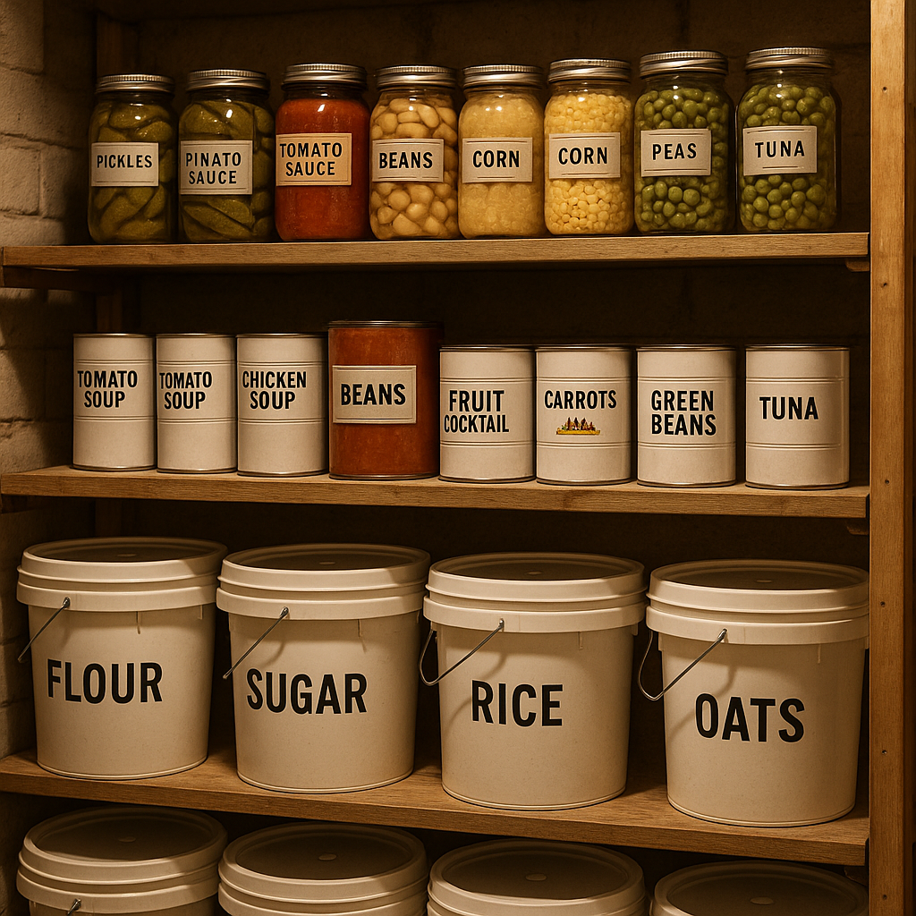 Organized basement food storage with labeled containers and temperature control
