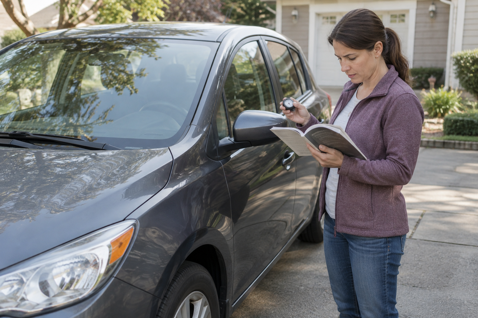 Driver reviewing a passenger car’s maintenance booklet beside a parked car