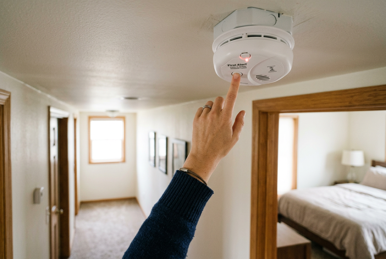 Hand testing white ceiling smoke and carbon monoxide alarm