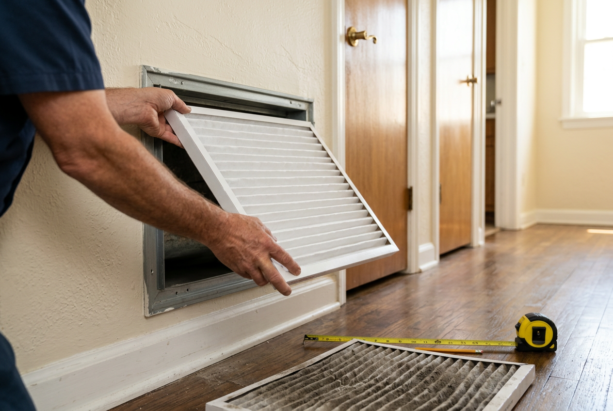 Hands inserting clean air filter into HVAC return vent