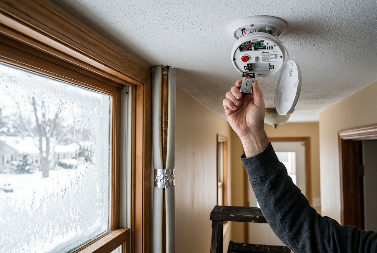 Hand replacing nine-volt battery in ceiling smoke detector
