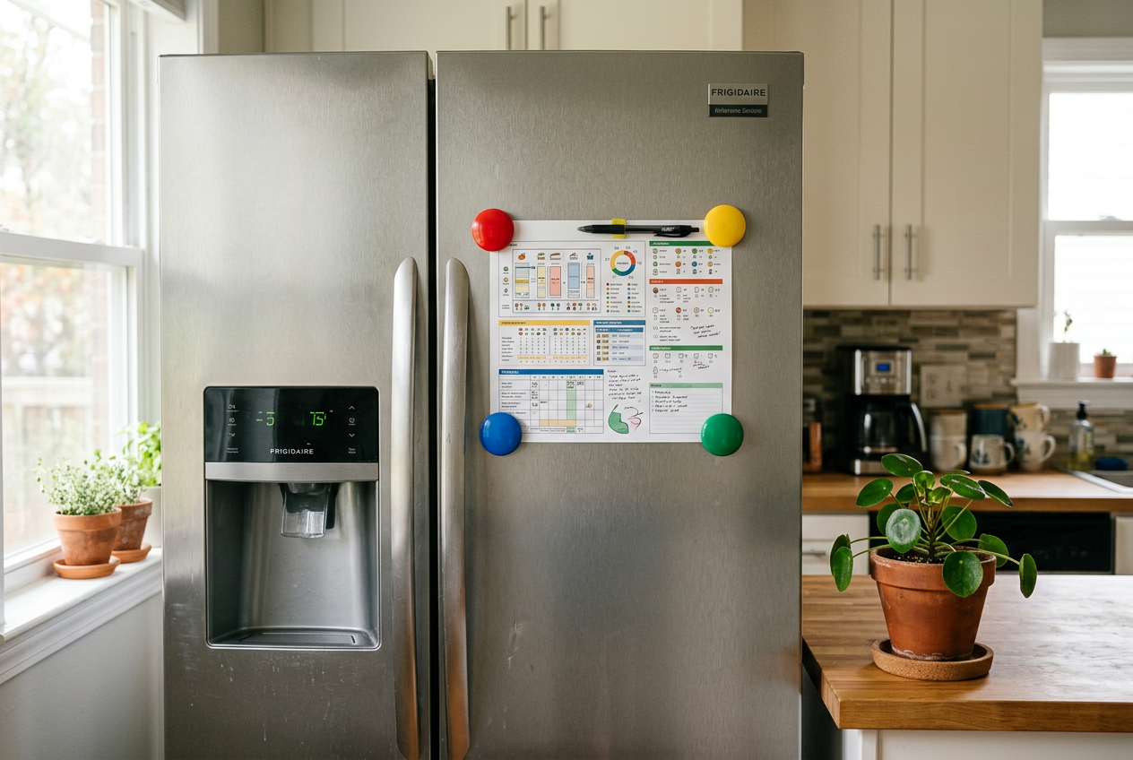 Printed checklist sheet held on refrigerator with magnets