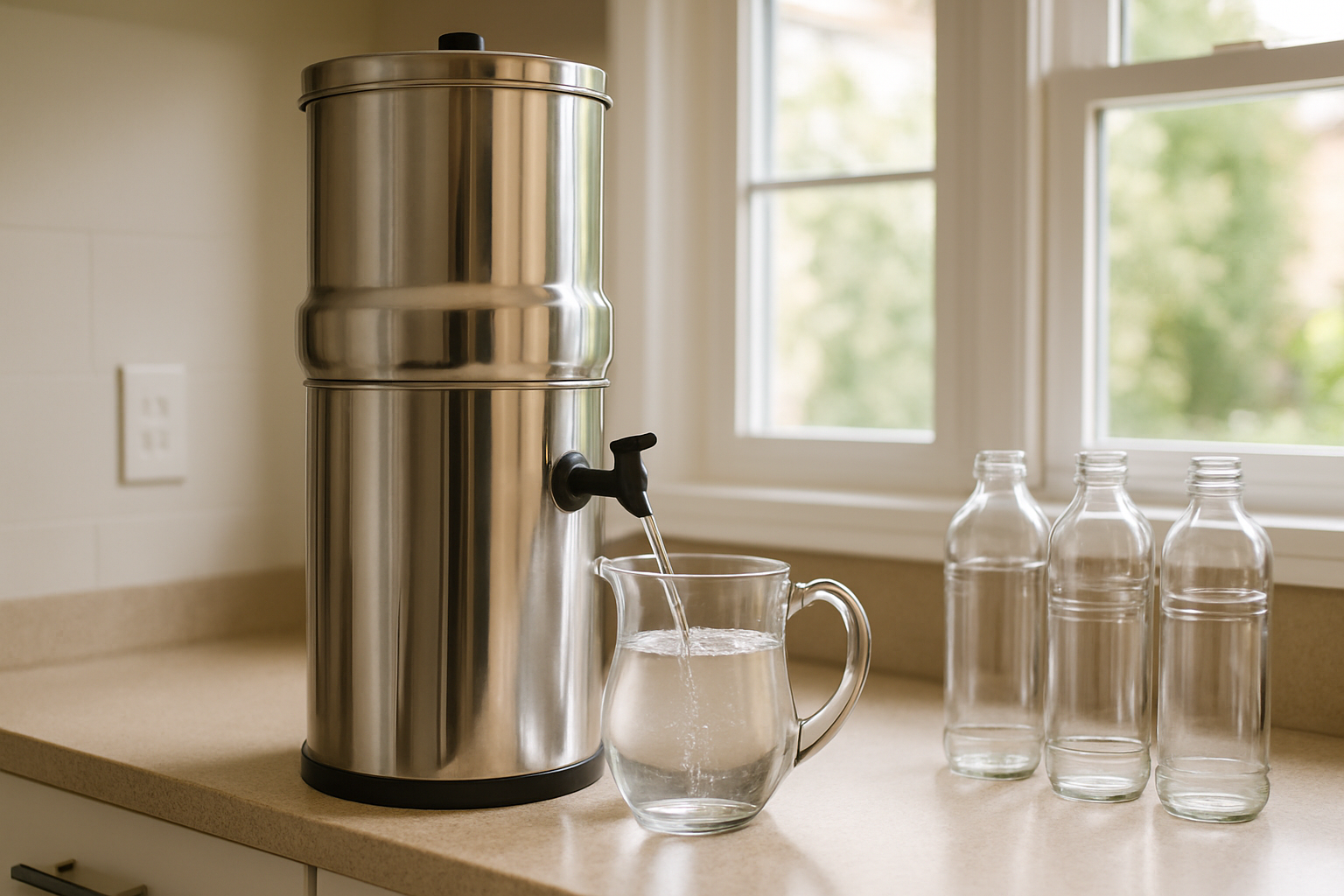 Gravity-fed steel water filter dispensing clean water into pitcher