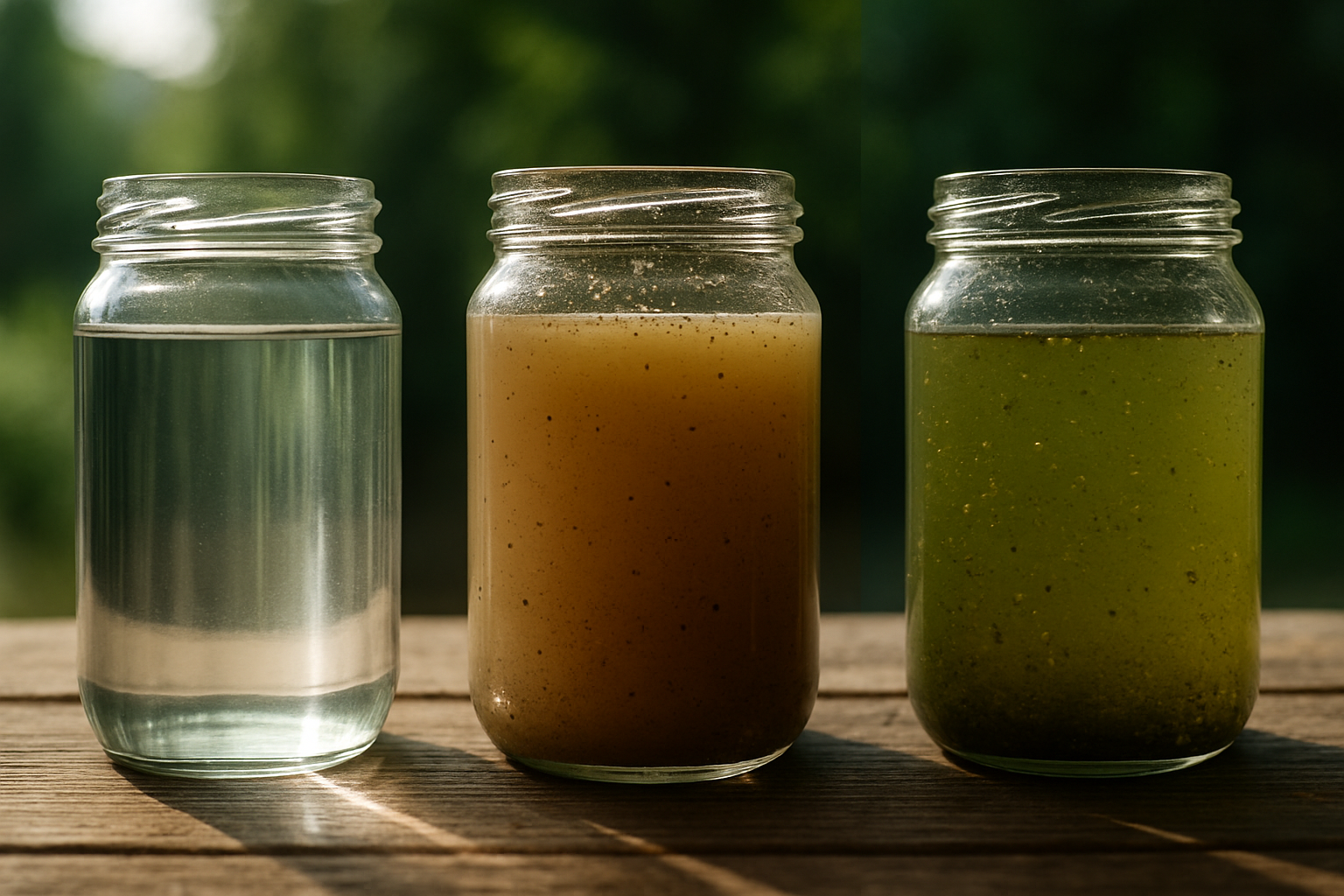 Three glass jars showing clear, muddy, and stagnant water samples