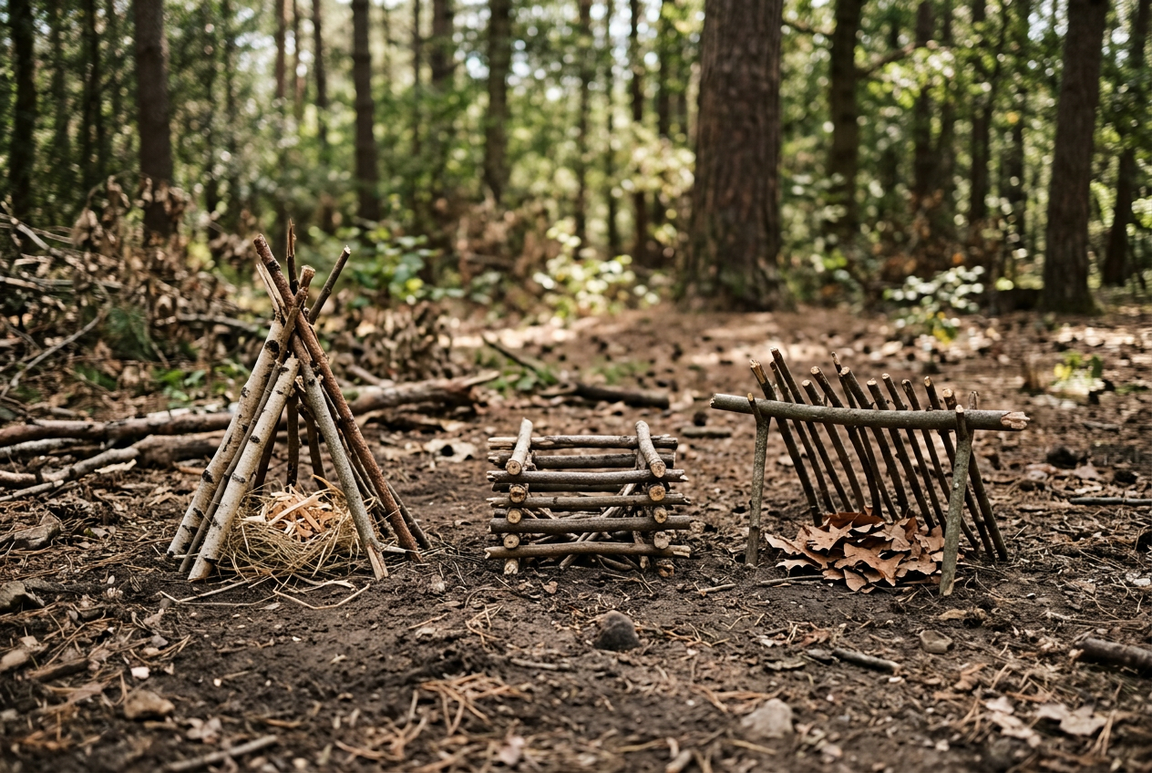 Three small unlit campfire stick arrangements on bare dirt outdoors