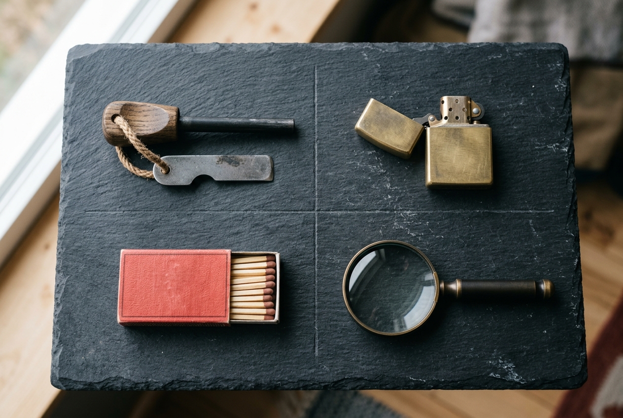 Fire-starting tools arranged in clean grid on slate surface