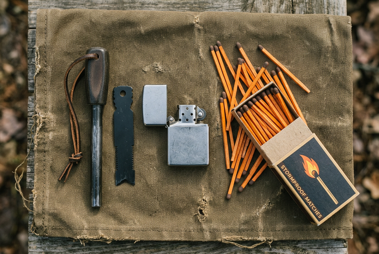 Ferro rod, windproof lighter, and stormproof matches on canvas